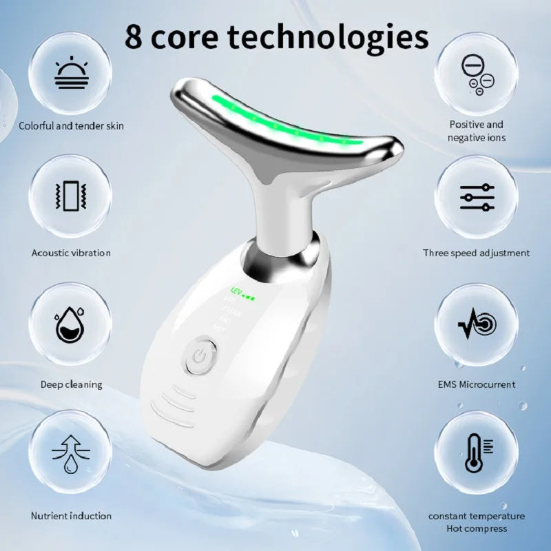 Colorful LED Photon Therapy Beauty Device for Neck and Face, Skin Tightening, Double Chin Reduction, Anti-Wrinkle, and Lifting Massager.