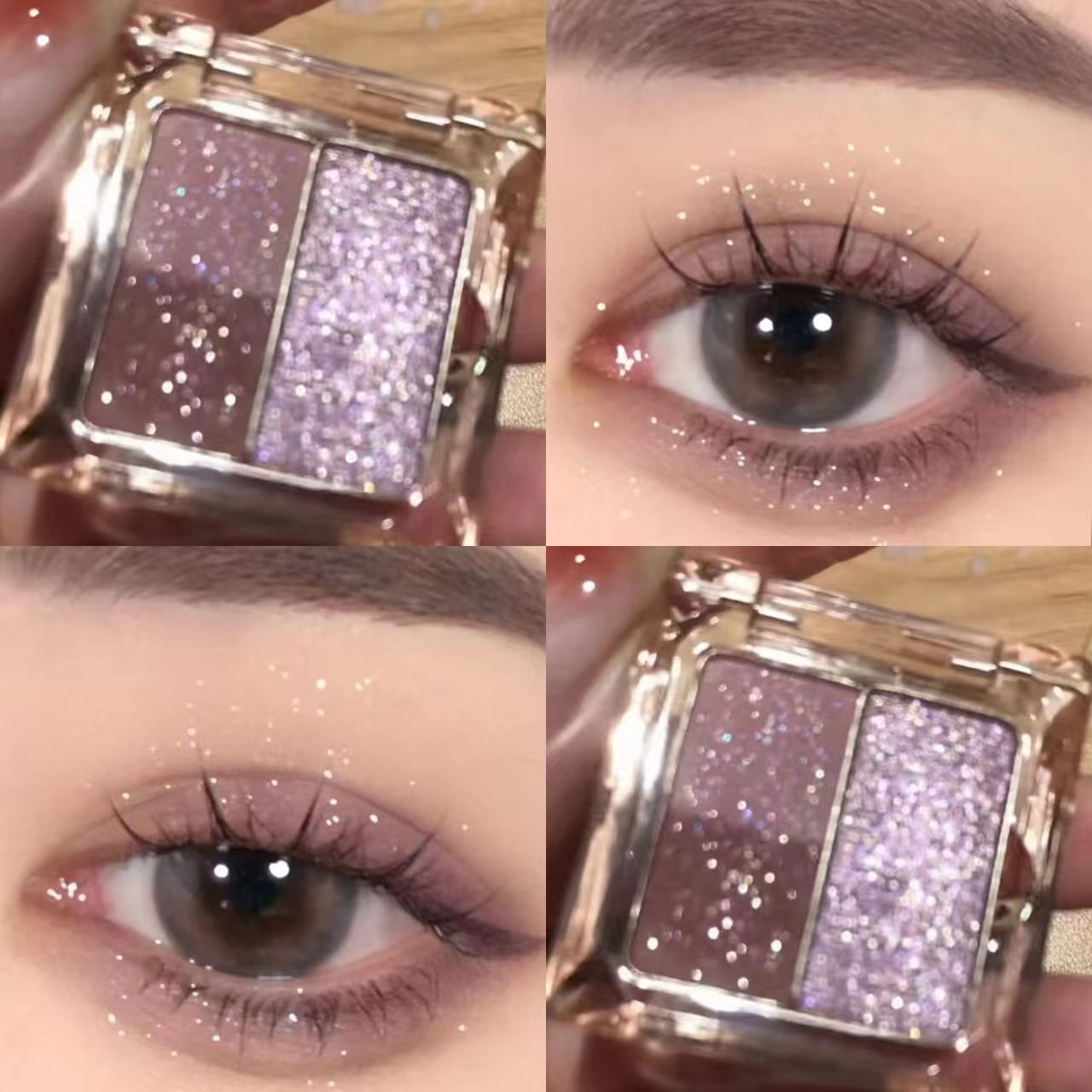 Pink-Purple Eye Shadow with Disc Sequins and Pearlescent Finish for Student Parties, featuring White Glitter