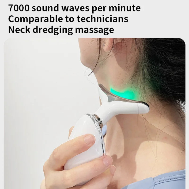 Colorful LED Photon Therapy Beauty Device for Neck and Face, Skin Tightening, Double Chin Reduction, Anti-Wrinkle, and Lifting Massager.